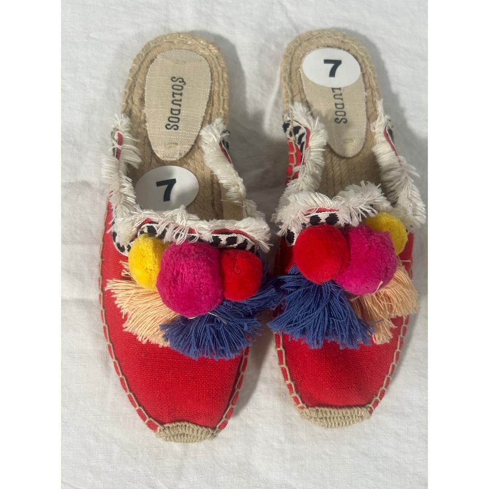 Soludos Red Canvas Pom Pom Tassel Espadrille Mules Womens Size 7 Boho Summer